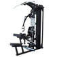 Black and silver multi-gym system with adjustable pulleys, seat, and leg press station on white background