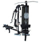 Black and white multi-gym system with leg press, chest press, and lat pulldown stations, shown on white background