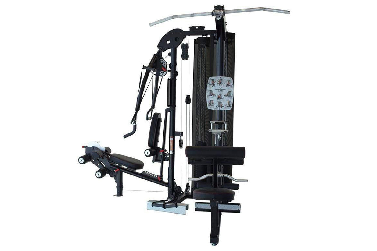 Black and white multi-gym system with leg press, chest press, and lat pulldown stations, shown on white background