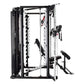Inspire Fitness SCS Smith Cage System with black and white frame, cable attachments, and leg press attachment on white backgr