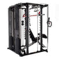 Black metal Smith cage system with cable attachments, red handles, and adjustable weight stations on white background