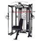 Inspire Fitness SCS Smith Cage System with chrome frame, black padded seat, red bar, and cable machine attachments on white b