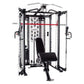 Inspire Fitness SCS Smith Cage System with black and silver metal frame, red horizontal bar, and black padded seat on white b