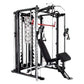 Black and silver Smith cage system with cable attachments, bench, and red bar, on white background