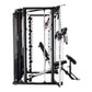 Black and white multi-function Smith cage system with cable attachments, bench, and weight pegs on white background