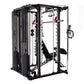 Black multi-station Smith cage system with cable pulleys, red bars, and weight stack, on white background