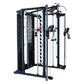 Black and silver metal smith cage system with cable attachments and weight stack, on white background