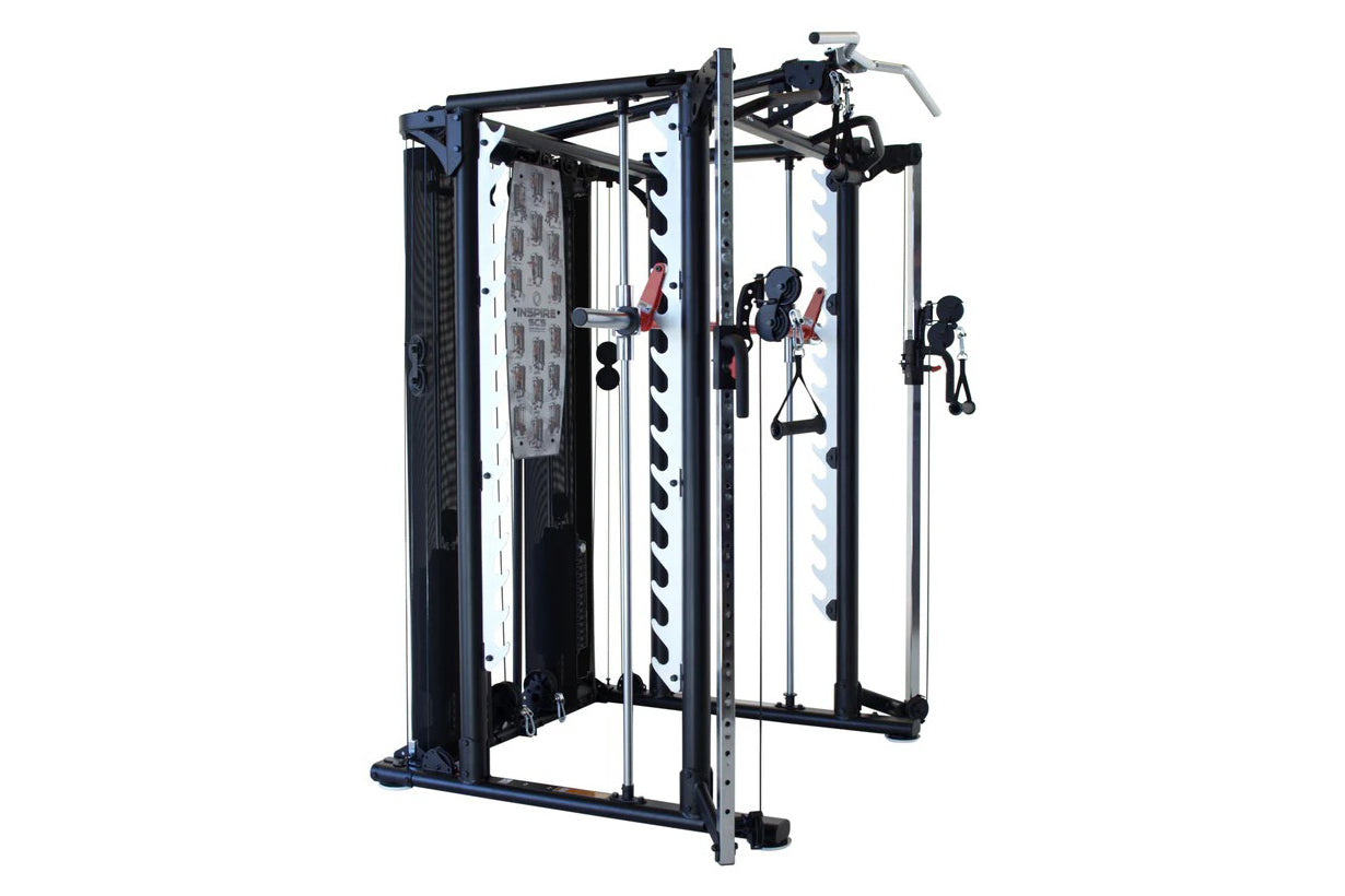 Black and silver metal smith cage system with cable attachments and weight stack, on white background