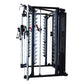 Black and silver Smith cage system with cable attachments, weight plate storage, and adjustable pulleys on white background