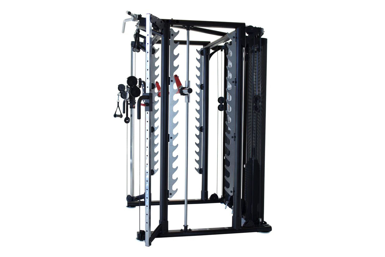 Black and silver Smith cage system with cable attachments, weight plate storage, and adjustable pulleys on white background