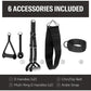 Six black gym accessories laid out including D handles, multi-ring D handles, chin/dip belt, and ankle strap attachment for w