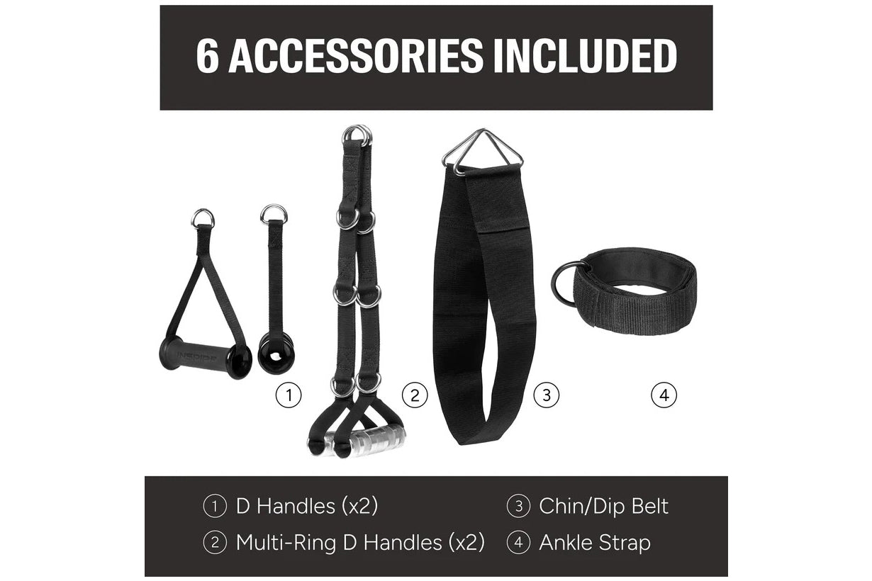 Six black gym accessories laid out including D handles, multi-ring D handles, chin/dip belt, and ankle strap attachment for w