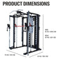 Black and gray multi-functional smith cage system with cable attachments, red bar, and dimension measurements displayed on wh