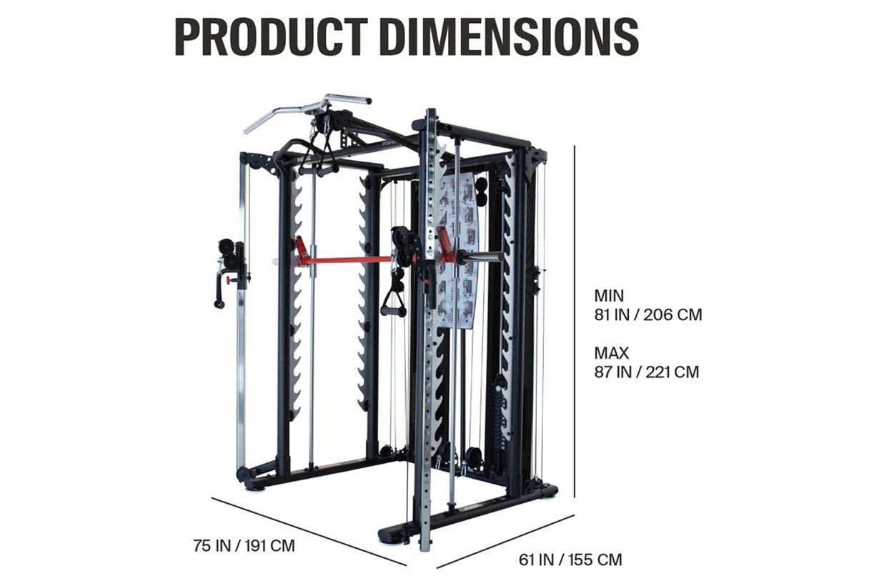 Black and gray multi-functional smith cage system with cable attachments, red bar, and dimension measurements displayed on wh