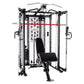 Inspire Fitness SCS Smith Cage System with black padded seat, red horizontal bar, metal frame and cable attachments on white 
