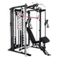 Black and silver Smith cage system with cable pulley attachments, red resistance band, and black bench seat, on white backgro