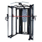 Black and silver multi-functional Smith cage system with red pull-up bar, dual cable stations, and weight stack on white back