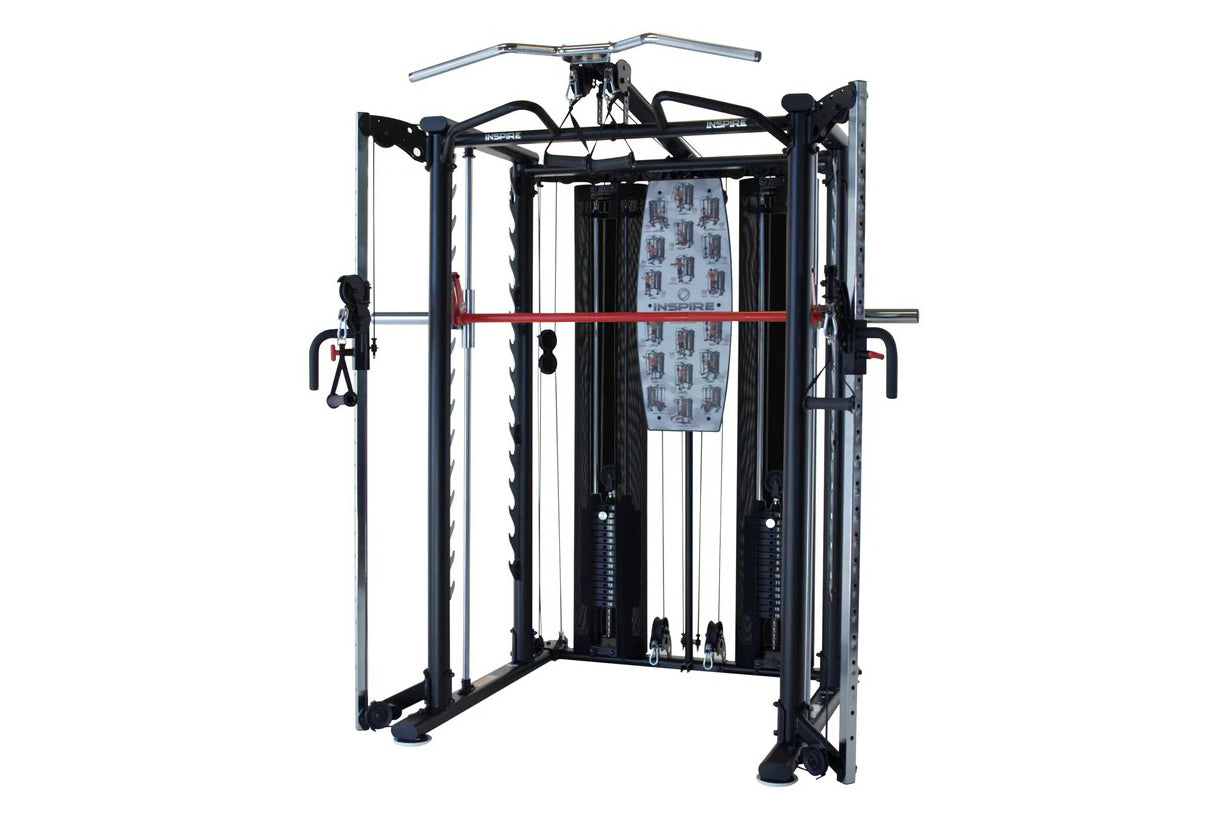 Black and silver multi-functional Smith cage system with red pull-up bar, dual cable stations, and weight stack on white back