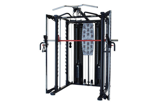 Black and silver multi-functional Smith cage system with red pull-up bar, dual cable stations, and weight stack on white back