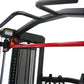 Black and red Smith functional trainer with curved handlebars, numbered weight stack indicator, and emergency stop lever on w