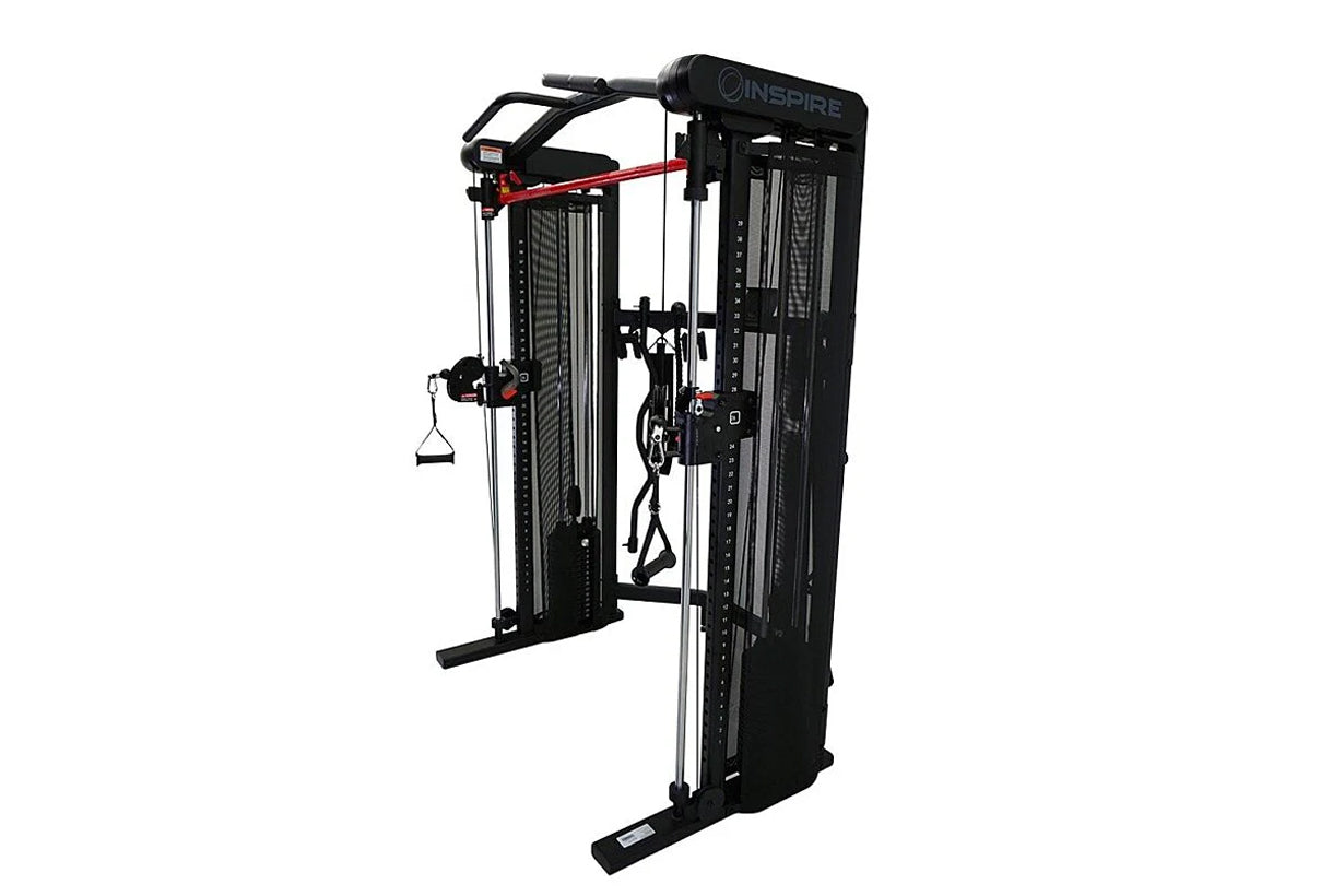 Black Inspire Fitness SF3 Smith Functional Trainer with red accents, dual weight stacks, and cable attachments on white backg