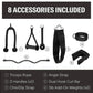 8 black workout accessories displayed flat including triceps rope, D handles, chin dip strap, angle strap, curl bar, and add-