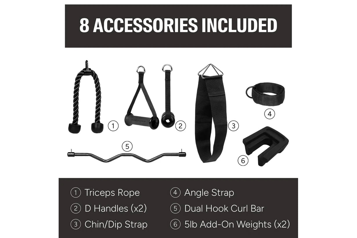 8 black workout accessories displayed flat including triceps rope, D handles, chin dip strap, angle strap, curl bar, and add-