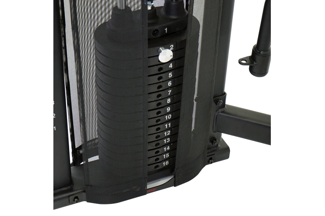 Black Smith functional trainer with numbered selector dial and mesh safety enclosure on white background