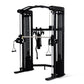 Black and silver functional trainer with dual cable towers, overhead bar, and suspended handles on white background