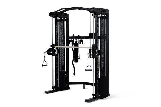 Black and silver functional trainer with dual cable towers, overhead bar, and suspended handles on white background