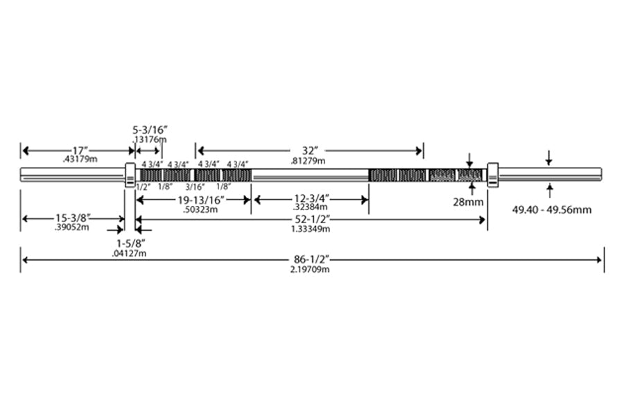 Ivanko stainless steel Olympic barbell with detailed dimension measurements shown in inches and millimeters on white backgrou
