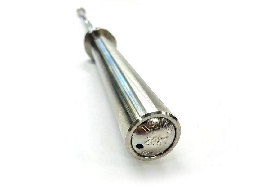 Ivanko stainless steel Olympic barbell, 20kg weight capacity, polished chrome finish on white background