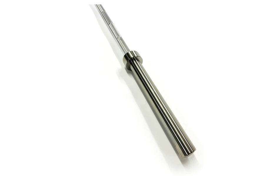 Ivanko stainless steel Olympic barbell with chrome sleeves and knurled grip, angled view on white background
