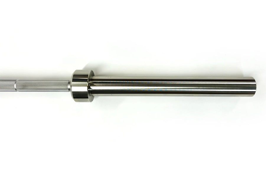 Ivanko stainless steel Olympic barbell with polished chrome sleeves and knurled grip on white background