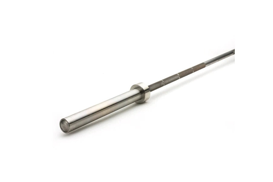 Ivanko stainless steel Olympic bar with knurled grip and metal sleeves on white background