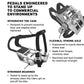 Commercial-grade indoor cycle pedals with integrated toe cage, flexible chromoly steel axle, and reinforced bearings, shown i