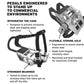 Commercial-grade stationary bike pedal with integrated toe cage, flexible steel axle, and reinforced bearings, shown in techn