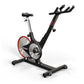 Black and red indoor stationary exercise bike with dual flywheels, upright seat, and dual handlebar grips on white background
