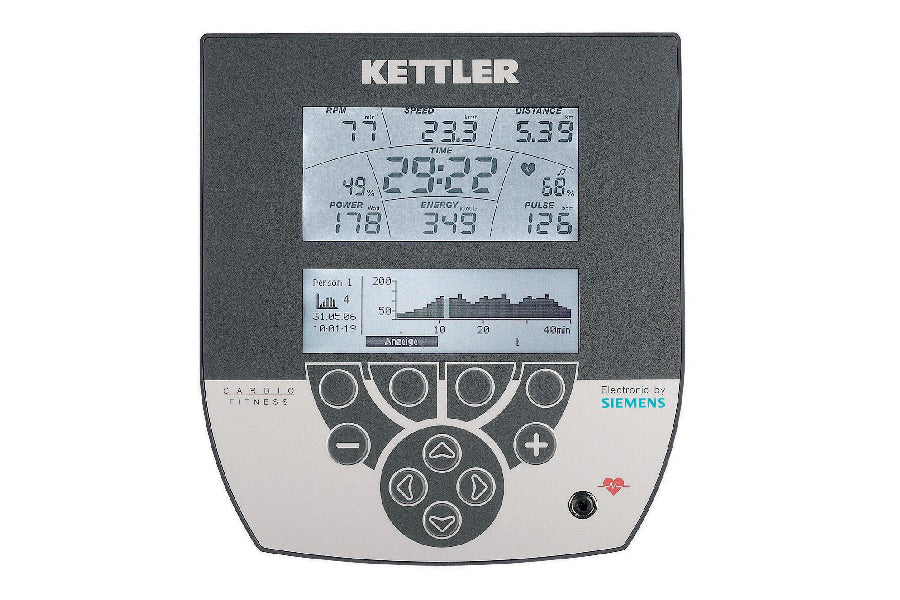 Kettler Ergo Race stationary bike console displaying digital metrics including speed, time, distance, power, and heart rate g
