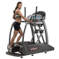 Woman using black Landice E7 elliptical machine with digital display and dual handles on white background