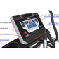 Black and gray elliptical machine console with blue digital display, cooling fan, heart rate contact, tablet rest, water bott