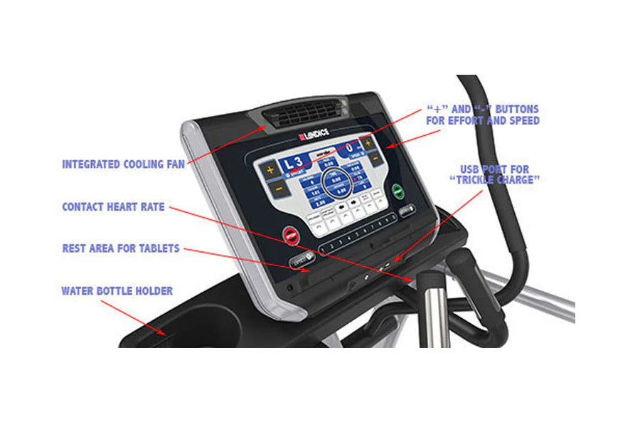 Black and gray elliptical machine console with blue digital display, cooling fan, heart rate contact, tablet rest, water bott