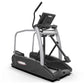 Black and silver Landice E7 elliptical machine with digital display console and moving handlebars on white background