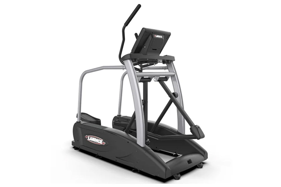 Black and silver Landice E7 elliptical machine with digital display console and moving handlebars on white background