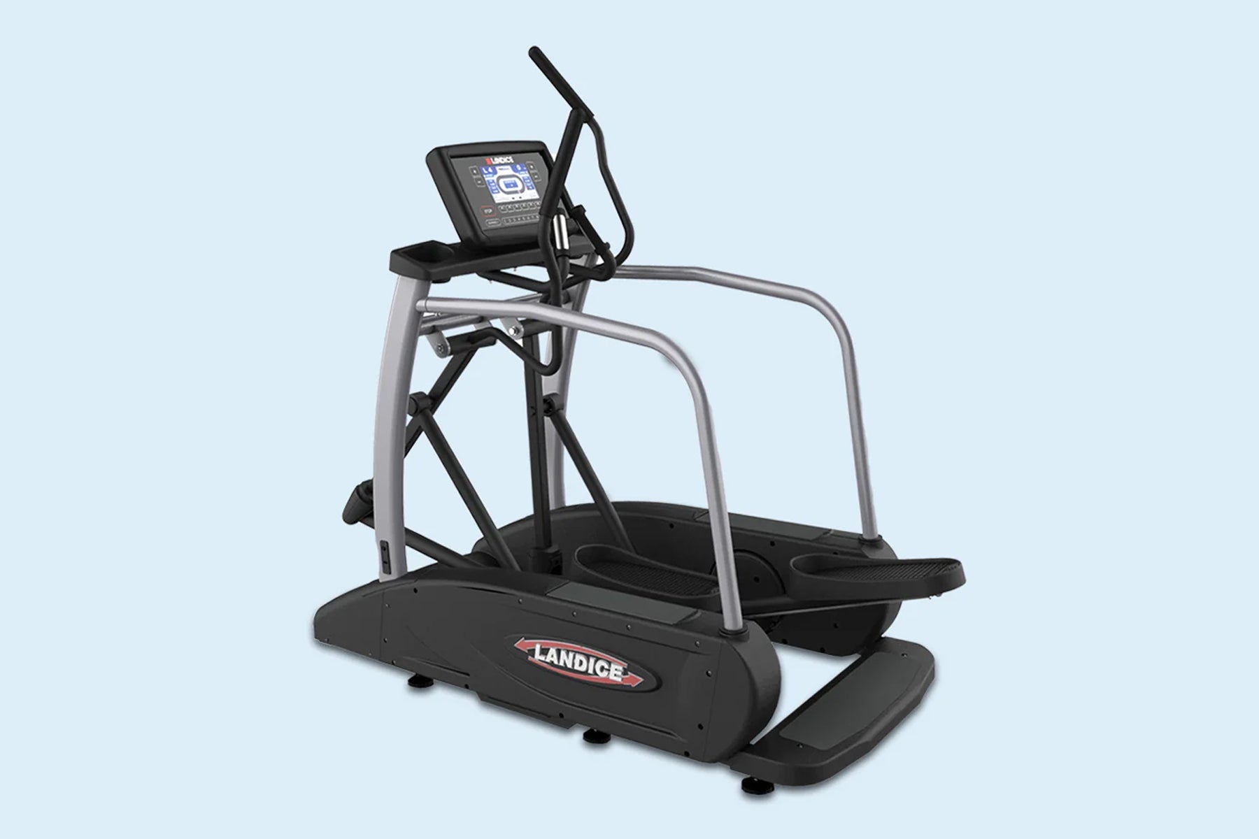 Landice E7 elliptical machine with black pedals, gray frame, digital console display, and handles on light blue background