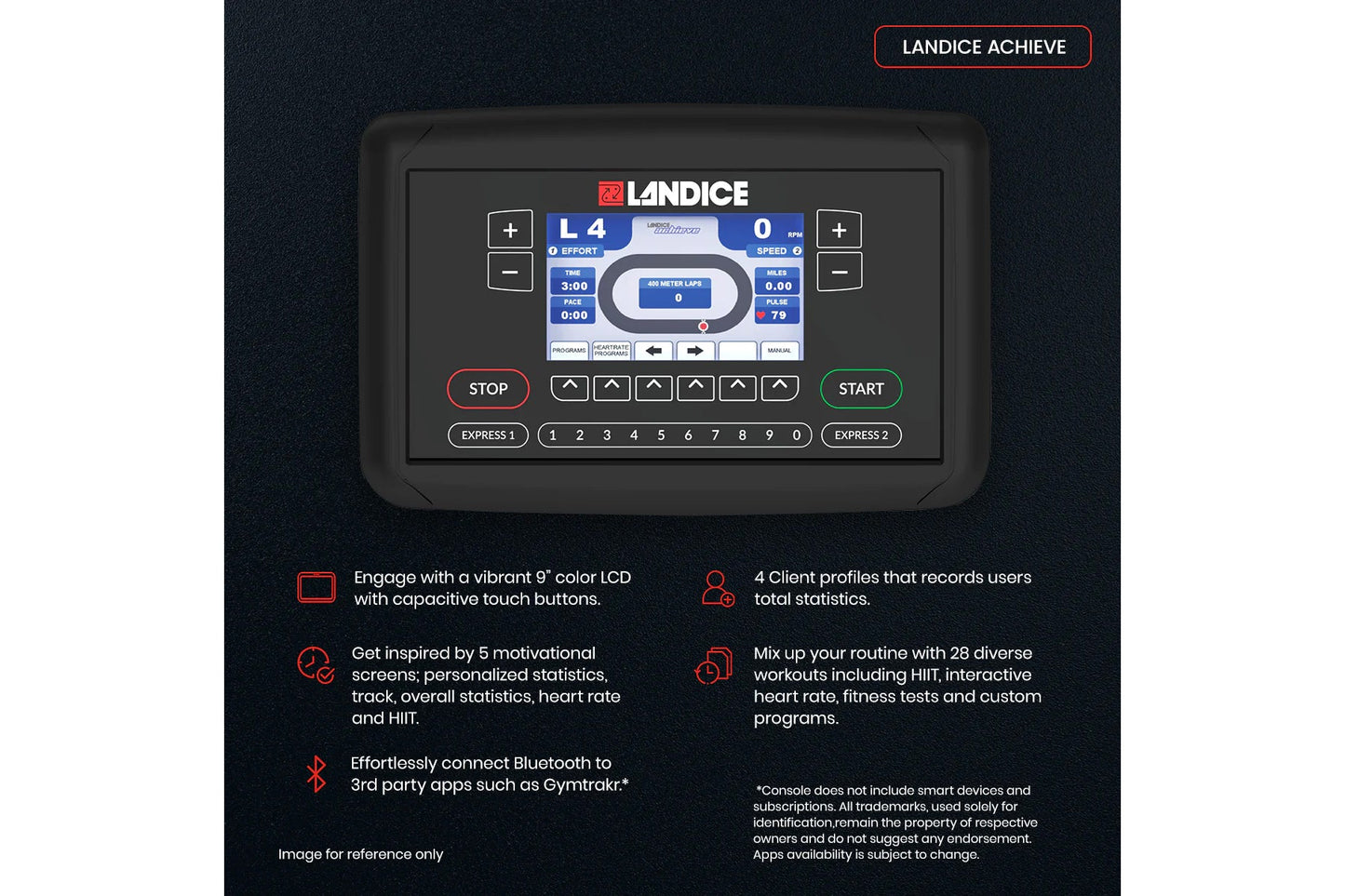 Landice Achieve L4 treadmill console with 9-inch color LCD display, control buttons, and workout statistics on dark backgroun