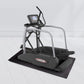 Landice E7 elliptical machine with gray frame, black pedals, digital display console, and black rubber mat on white backgroun
