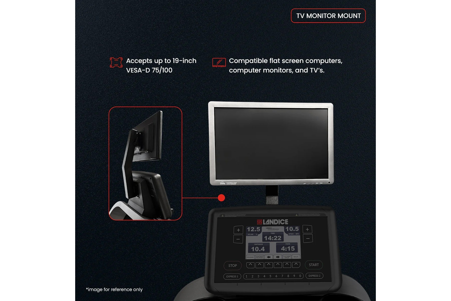 Black Landice E7 elliptical console with TV monitor mount displaying compatible flat screen setup on dark background