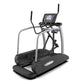 Landice E7 elliptical machine with black and gray frame, digital console display, and curved foot pedals on white background