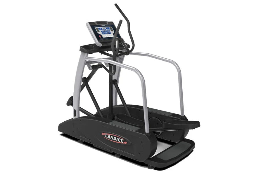 Landice E7 elliptical machine with black base, silver frame, digital console, and curved handles on white background